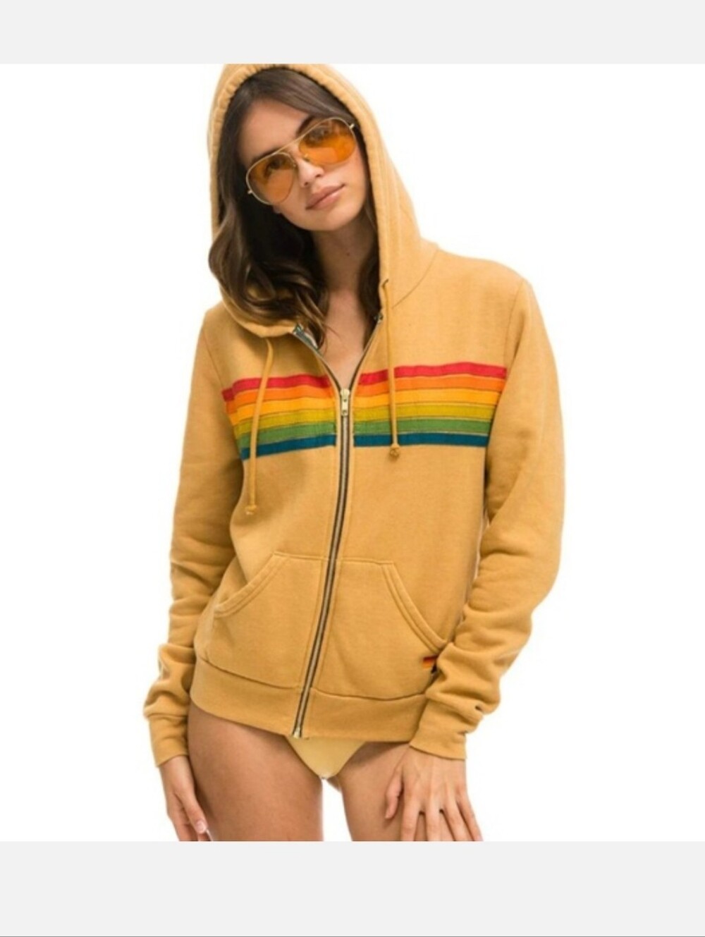 Aviator Nation. 6 Stripe Hoodie in Light Khaki. Size XS